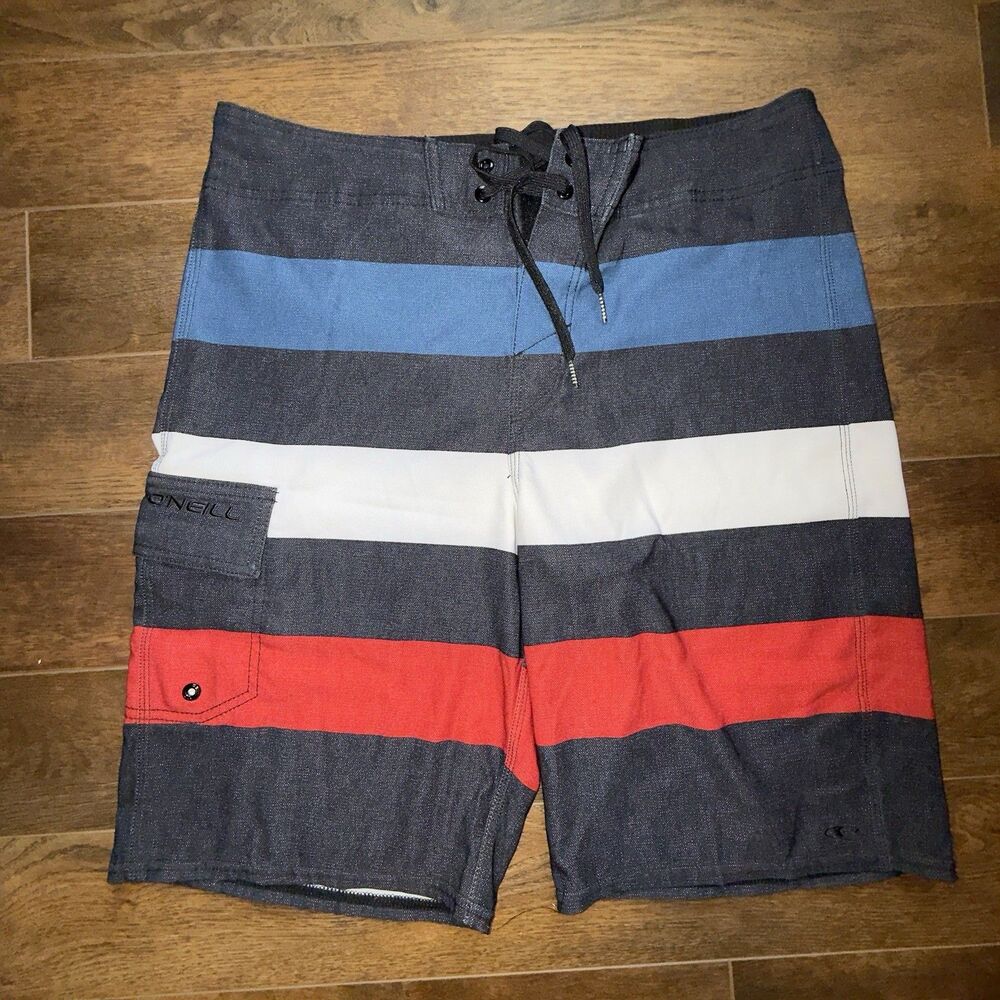 O'Neill Board Shorts, Mens 32, Polyester, 1 Pocket, Black Red White Blue Stripe